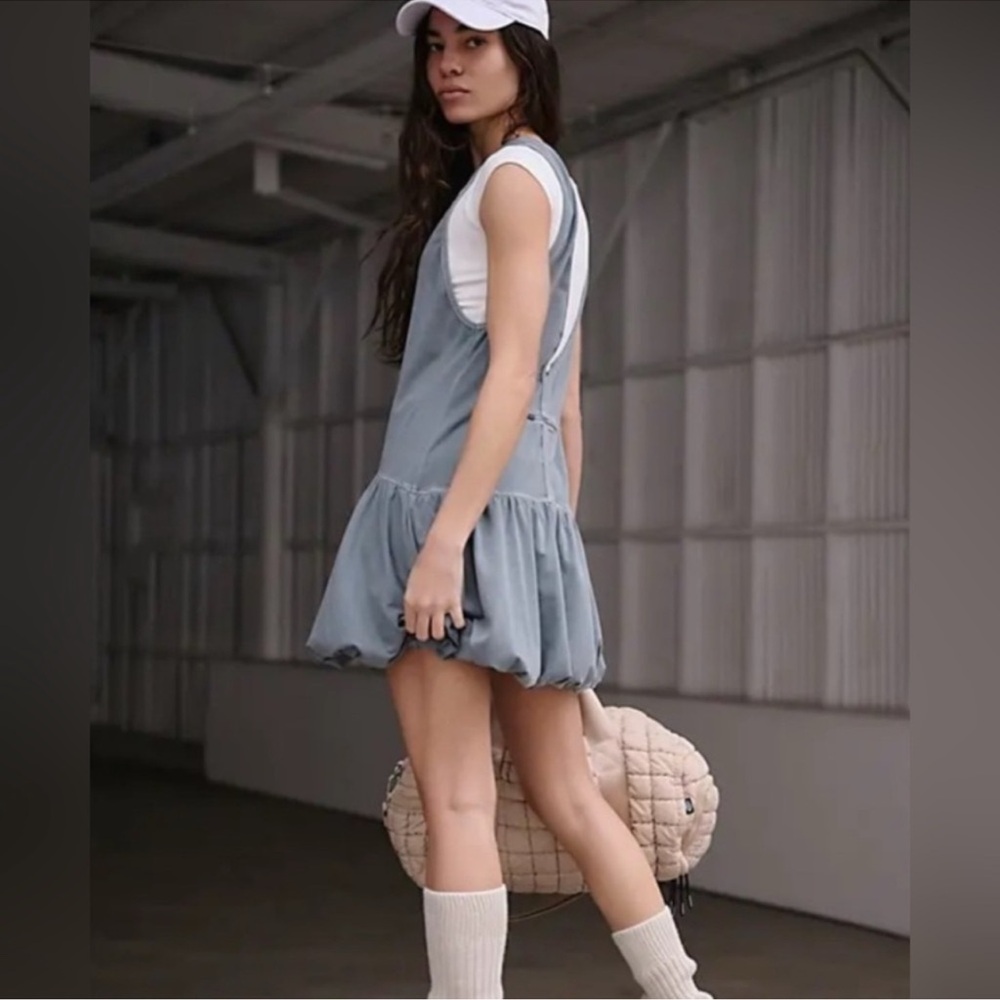 Free People Dusty Blue Ruffle-Hem Mini Dress with White Cap Sleeves - Picture 5 of 13